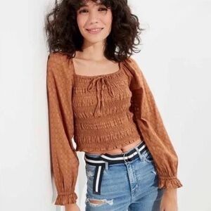 American Eagle Smocked Puff Sleeve Square Neck Peasant Crop Top